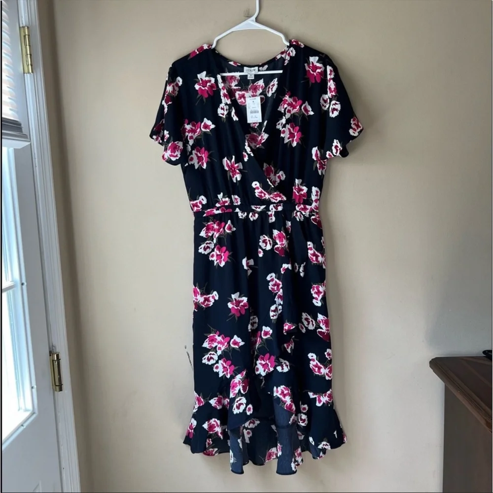 NEW J. Crew Faux Wrap V Neck High Low Floral MIDI Dress L2340 Short‎ Sleeve Navy
